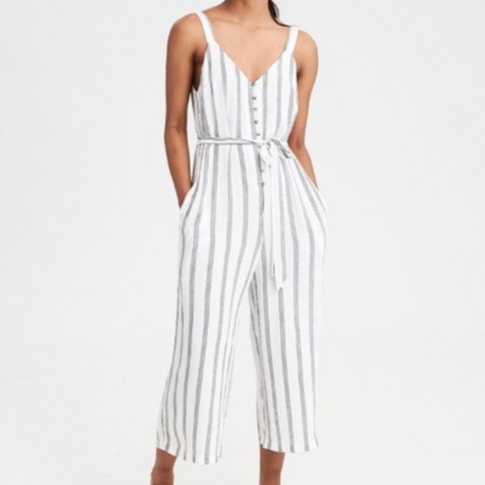 American Eagle Striped Jumpsuit in White and Gray